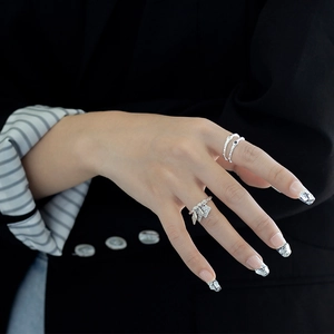 Minimalist S925 sterling silver textured square ring with charms for women on finger