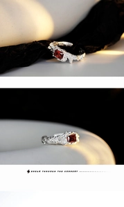Macro detail of S925 sterling silver lava texture ring with rectangular red zircon gemstone
