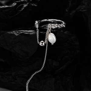 925 Sterling Silver Ring With Artificial Baroque Pearl Irregular Texture Molten Metal Style Long Chain Fringe Tassel Drop Adjustable Open
