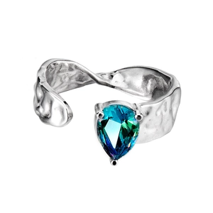 S925 sterling silver hammered ring with pear-cut teal gemstone and adjustable open design
