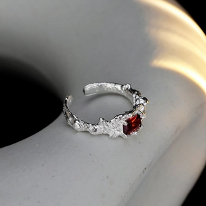 S925 sterling silver open ring with textured surface and rectangular red gemstone