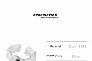 Detailed macro view of S925 sterling silver ring with rock texture and black gemstone