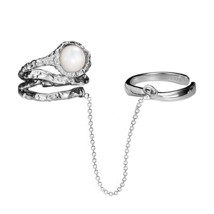 Set doppio anello a catena in argento S925 con trama lava e perla d'acqua dolce