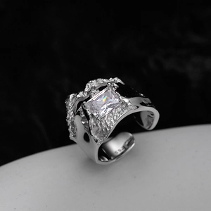 S925 Sterling Silver Rectangle Zirconia Open Ring For Women Irregular Lava Texture Adjustable Finger Ring Jewelry Gift