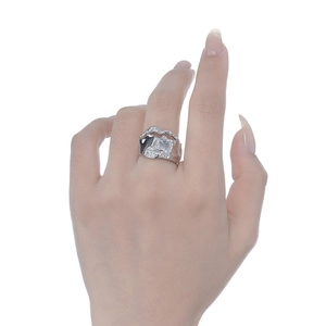Minimalist S925 sterling silver open ring with liquid texture and square zircon stone