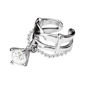 S925 sterling silver ear cuff with hollow chain and sparkling cubic zirconia pendant