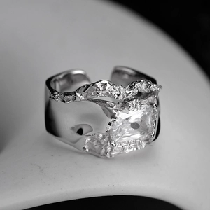S925 sterling silver open ring with irregular lava texture and square zircon