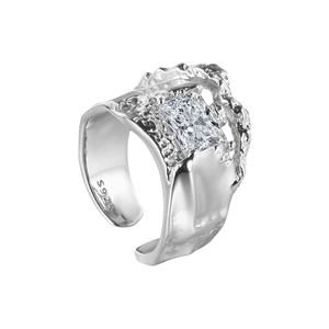 S925 sterling silver open ring with molten lava texture and square cubic zirconia gem