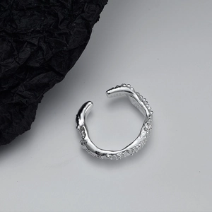 Minimalist S925 sterling silver open ring featuring unique irregular lava texture