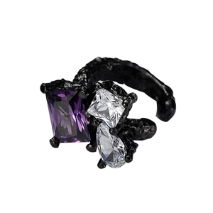 Gothic style S925 sterling silver open ring with purple gems and black textured metal