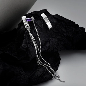 925 Sterling Silver Asymmetric Tassel Earrings For Women Textured Purple Rhinestone Long Chain Drop Dangle Earrings Jewelry