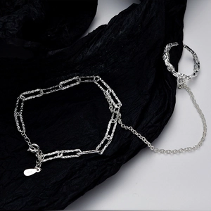 925 Sterling Silver Hand Harness For Women Irregular Lava Texture Ring Bracelet With Rhinestones Finger Chain Jewelry