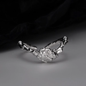 925 Sterling Silver Irregular Lava Texture Open Ring French Style Niche Minimalist Adjustable White Gold Plated Ring
