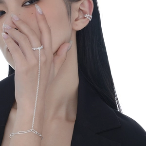 Minimalist S925 sterling silver hand chain harness and ear cuff set with lava texture