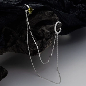 925 Sterling Silver Chain Ear Cuff For Women Green Square Rhinestone Textured Minimalist Niche Design Ear Clip Jewelry