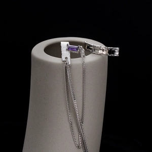 S925 sterling silver long fringe earrings with purple zircon and lava texture