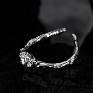 S925 sterling silver open ring featuring unique irregular organic lava rock texture