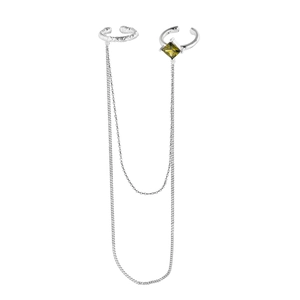 S925 sterling silver chain earrings with textured cuffs and green zircon accents