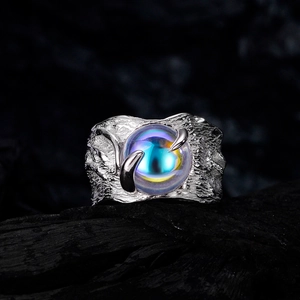 925 Sterlingsilber Unregelmäßige Lavatextur Breiter Offener Ring Für Damen Nischen-Design Bunter Mondstein Verstellbarer Ring Schmuck