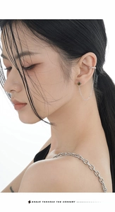 Close-up of S925 silver earring set with emerald square stud and chain ear cuff detail