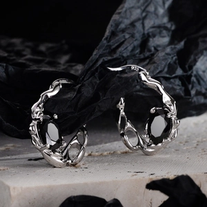 925 Sterling Silver Irregular Liquid Metal Hoop Earrings Black Rhinestone Inlaid Textured Geometric Ear Buckles For Women Minimalist Jewelry