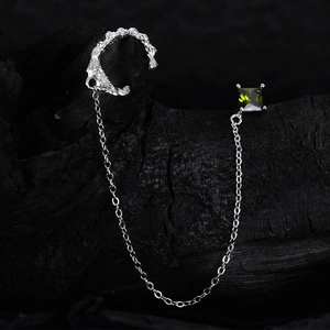 925 Sterling Silver Earring Cuff With Chain Square Green Rhinestone Emerald Style Lava Texture Earrings Jewelry For Women