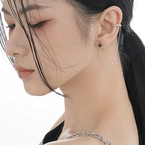 Minimalist S925 sterling silver chain earrings with emerald green stone and ear cuffs