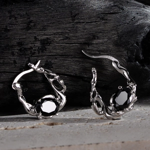 S925 sterling silver hoop earrings with irregular lava texture and black oval gemstone