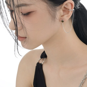 S925 sterling silver chain earring with emerald green gemstone and ear bone clip on model