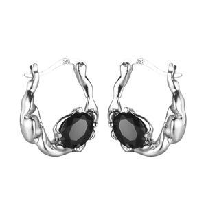 Irregular liquid silver S925 sterling silver earrings with oval black zircon stones