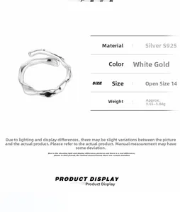 Detailed specs of adjustable S925 sterling silver irregular wavy ring in platinum finish