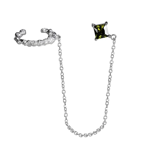 Elegant S925 sterling silver chain earring with lava texture cuff and green gemstone