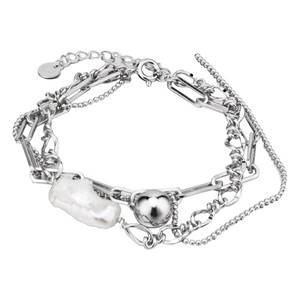 925 silver layered bracelet with irregular baroque pearl and round bead detail