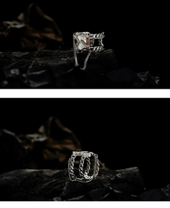 Detailed macro view of S925 sterling silver chain ring with tassels and zircon stones