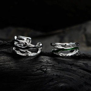 S925 silver irregular lava rings with black and green enamel in dark indie style