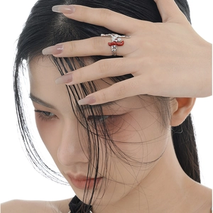 Minimalist S925 sterling silver irregular ring with red and white enamel anime motif