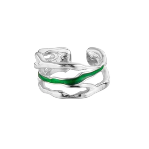 Minimalist irregular S925 silver ring with green enamel inlay and open adjustable band