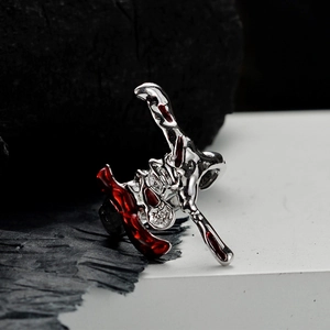 Irregular S925 sterling silver ring with red enamel in molten lava style