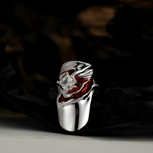 Chic S925 silver liquid metal ring with red enamel and square zircon gemstone