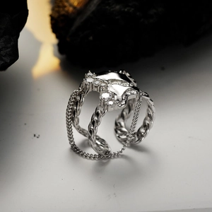Chic S925 sterling silver chain ring with tassels and sparkling zircon stones for women