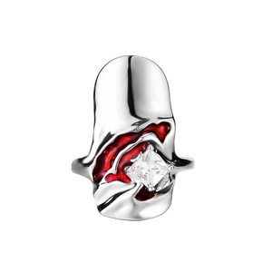 S925 sterling silver fingertip ring with red enamel texture and square zircon stone
