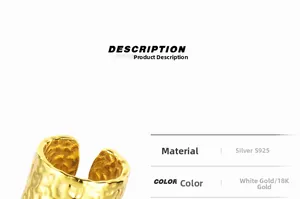 Detail of S925 sterling silver hammered texture rings in silver and gold colors