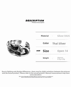 Detail view of irregular S925 sterling silver molten ring with dimensions and specs