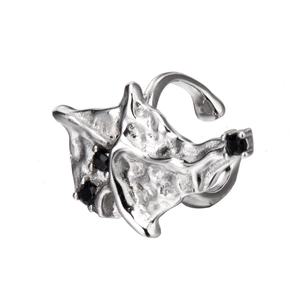 Irregular fluid texture S925 silver ear clips with black zircon stones in minimalist style