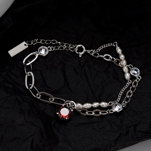 925 Sterling Silver Baroque Pearl Bracelet For Women Red Rhinestone Inlaid Double Layer Chain Bracelet Retro Jewelry Gift