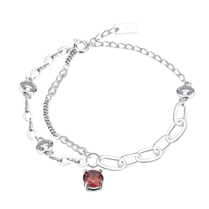 Baroque pearl bracelet in S925 sterling silver with a red gemstone and zircon accents