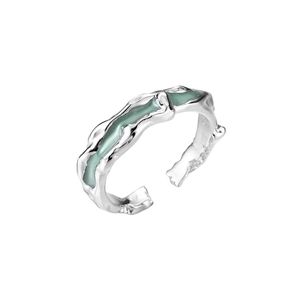 Irregular texture S925 sterling silver open ring with mint green enamel inlay design