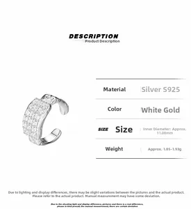 Detailed specs of S925 sterling silver ear cuff with 11mm diameter and CZ stones