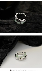 Detailed view of silver bamboo texture ring with light green aventurine bead inlay