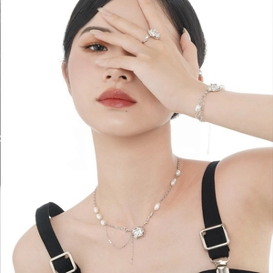Baroque pearl jewelry set with silver flower necklace, bracelet and ring for women
